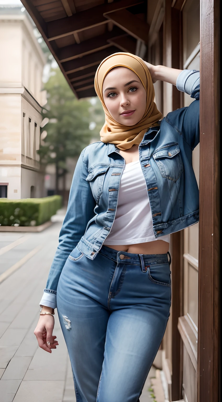 Arafed woman in a hijab leaning against a wall - SeaArt AI