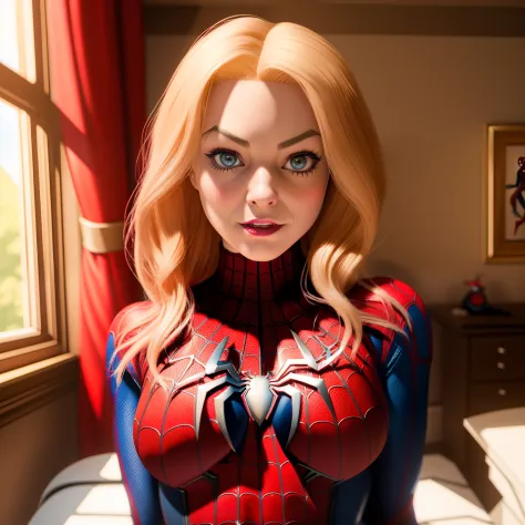 spider - man girl in a red and black half zippered up costume posing for a picture, gwen stacy, ( ( spiderwoman ) ), spider - ve...