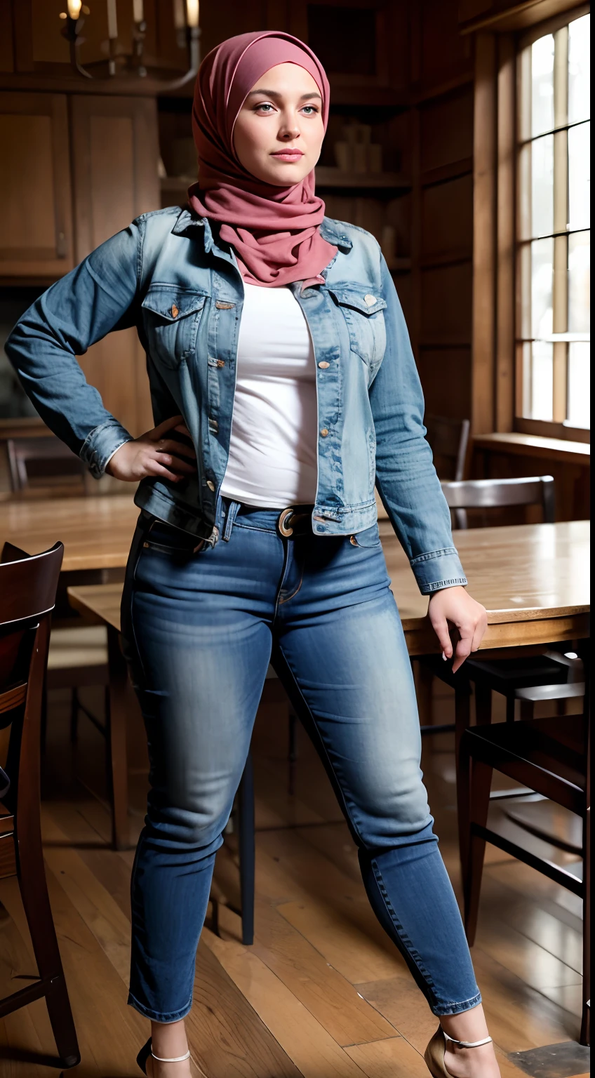 Arafed woman in a hijab poses for a picture in a dining room - SeaArt AI