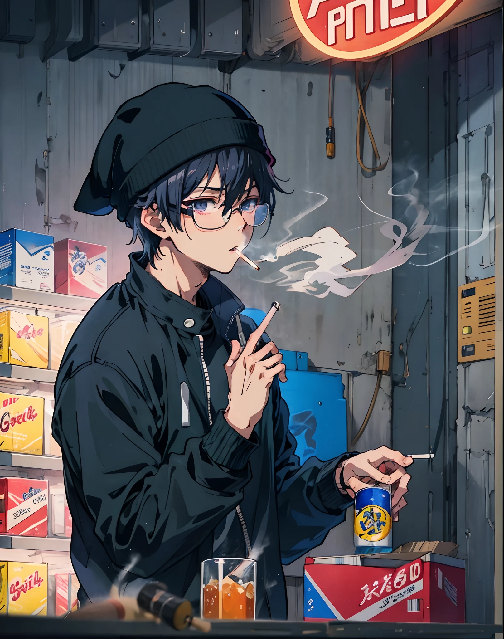 Chico anime fumando un cigarrillo en una tienda con un letrero de neón -  SeaArt AI