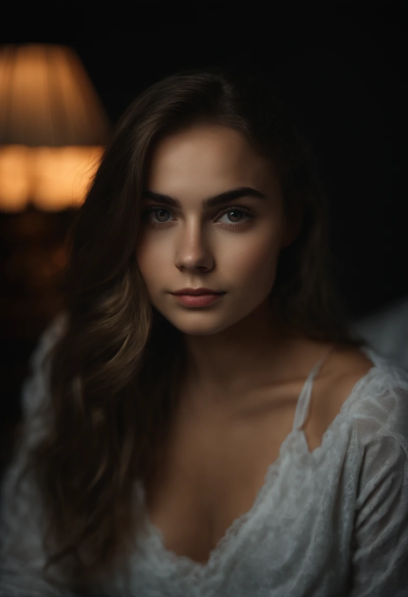 Portrait of a cute 21-year-old girl and a perfect girl, Beautiful face, Russian, in panties, in bed, beautiful bust (Estudio privado dark, dark, Atmospheric Light: 1.2) open legs