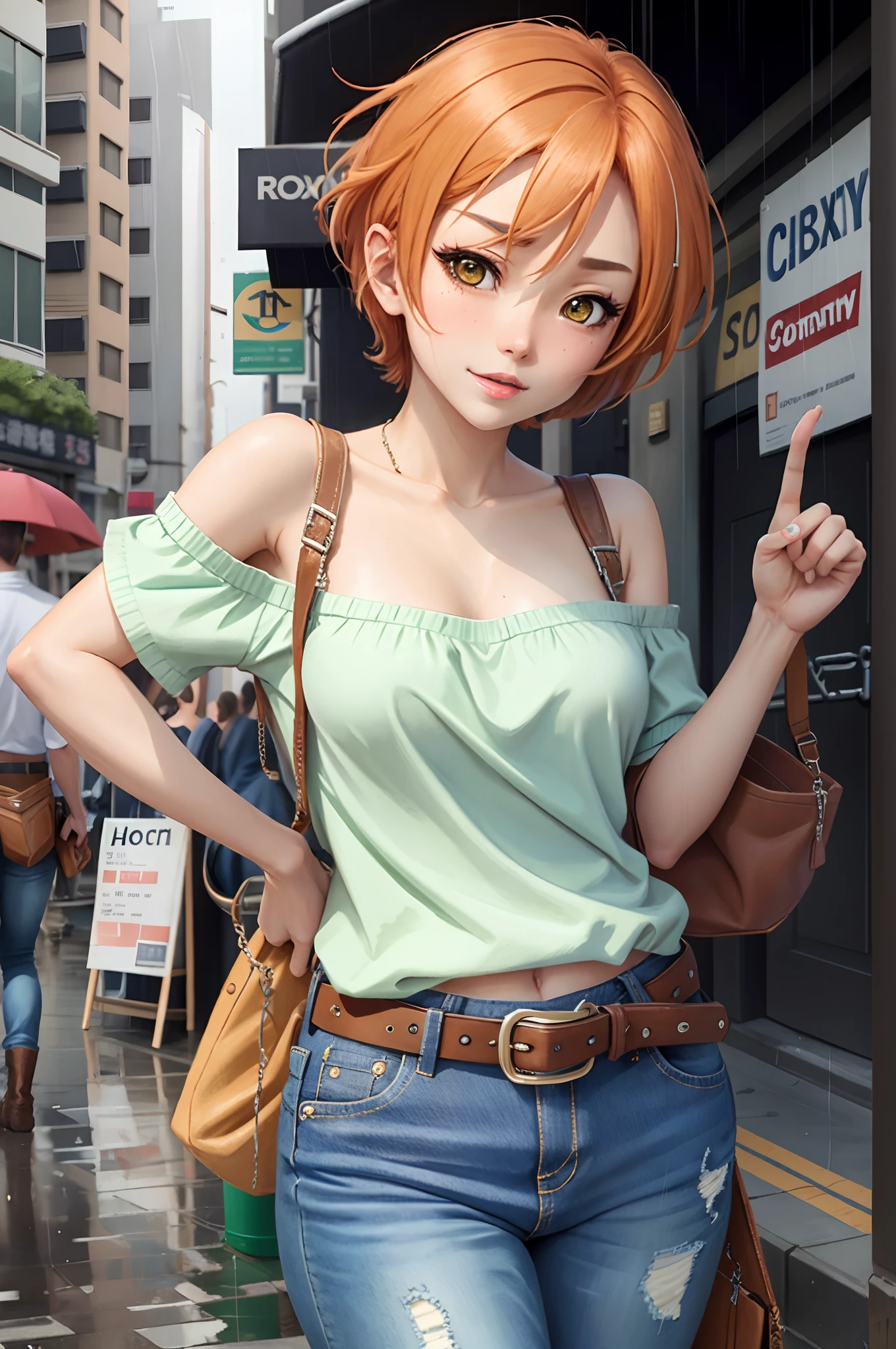 Hoshizora rin, Best Quality,(beauty), 1girl,phisically-based render ,ultra highres,(cowboy shot:1.5),narrow waist, skinny, big eyes,long legs,jeans,leather belt,small breasts,puffy eyes, leather belt,(rainy city), shiny skin, facing viewer, Victory posture,(midriff:0.7), sweating, flying sweat drops,off shoulder