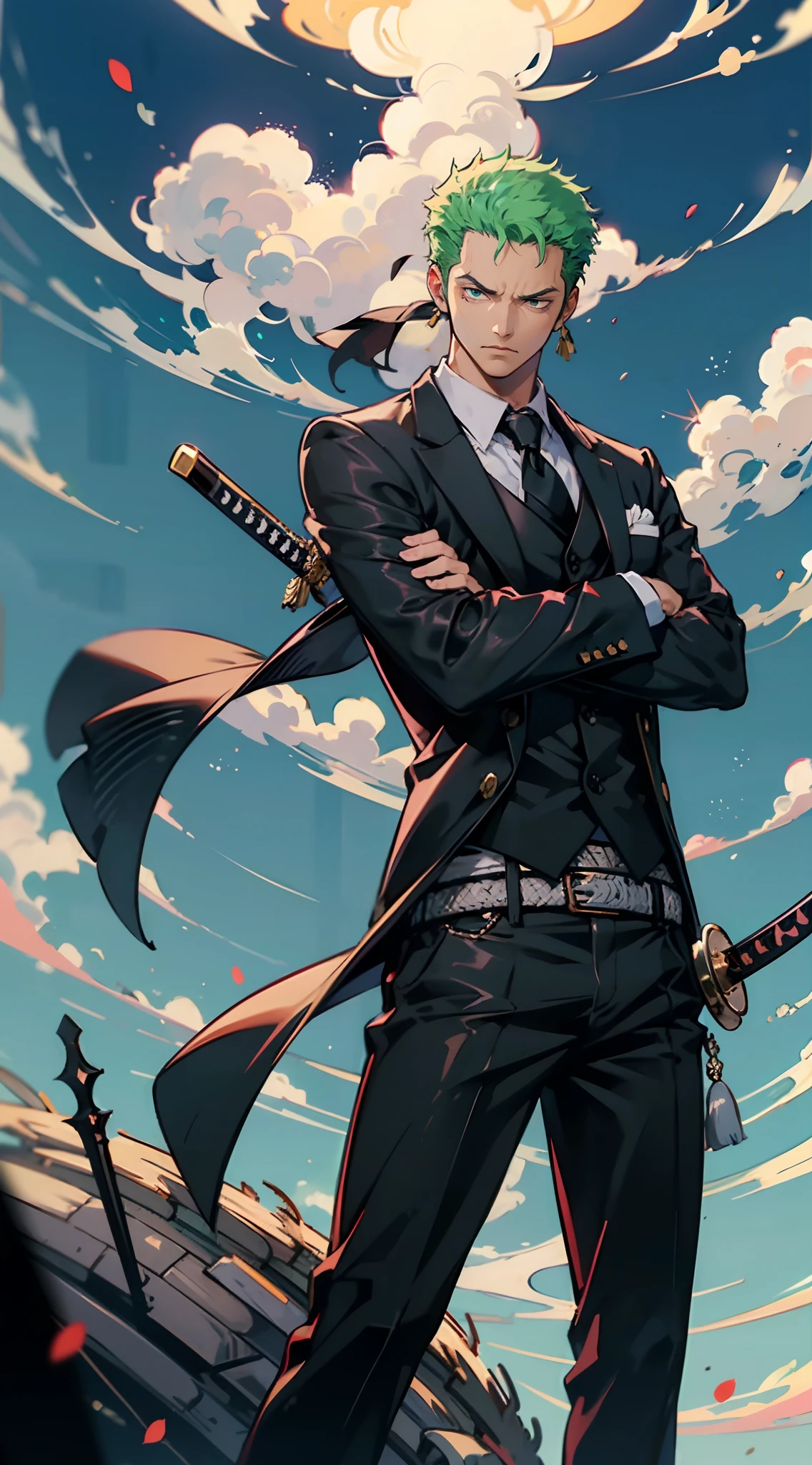 (4K quality),Roronoa zoro, 1 , segurando elsword, battle pose, blue skies, de terno e gravata, serious face, ((Pose: elsword))