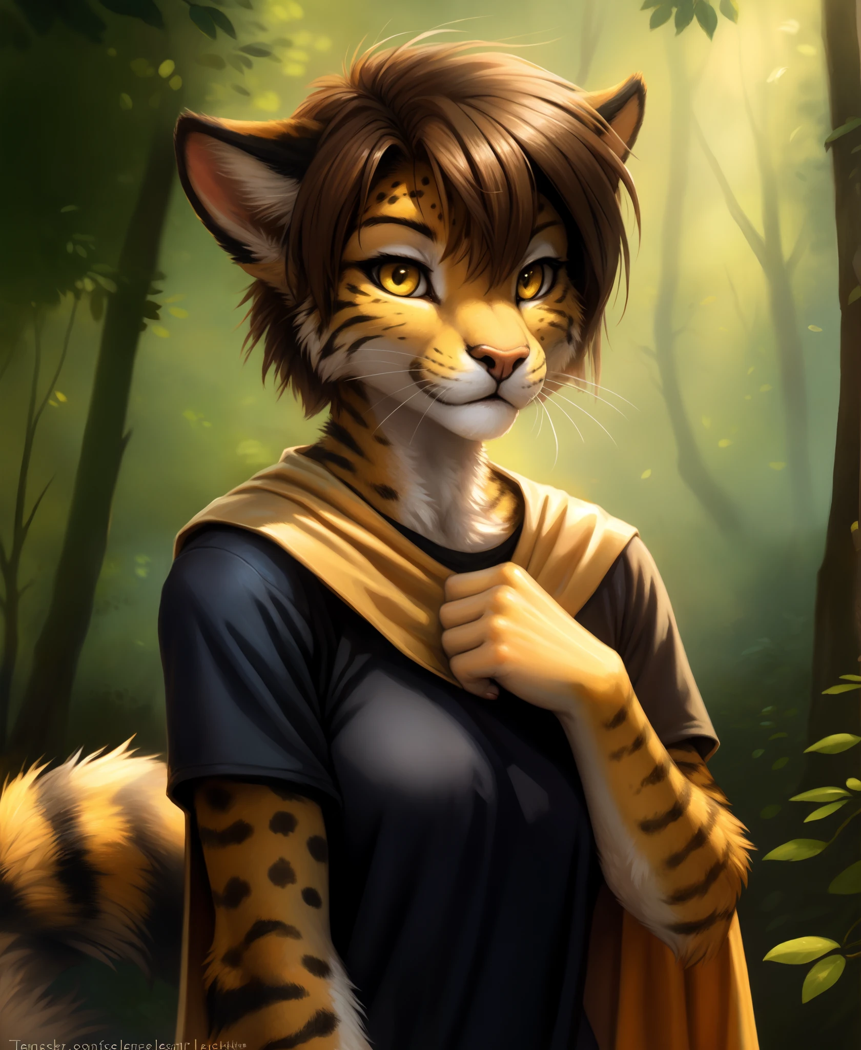 by kenket, by totesfleisch8, (by thebigslick, by silverfox5213:0.8), (by syuro:0.2), chee-riee,,  Madelyn , Madelyn Adelaide,  twokinds, (best quality, masterpiece:1), solo, furry female anthro, yellow eyes, short hair, light brown hair, portrait, finger claws, looking at viewer, tail, ear raised, (outdoors dark forest trees blurry blurred background:1.1), black shirt, yellow cape