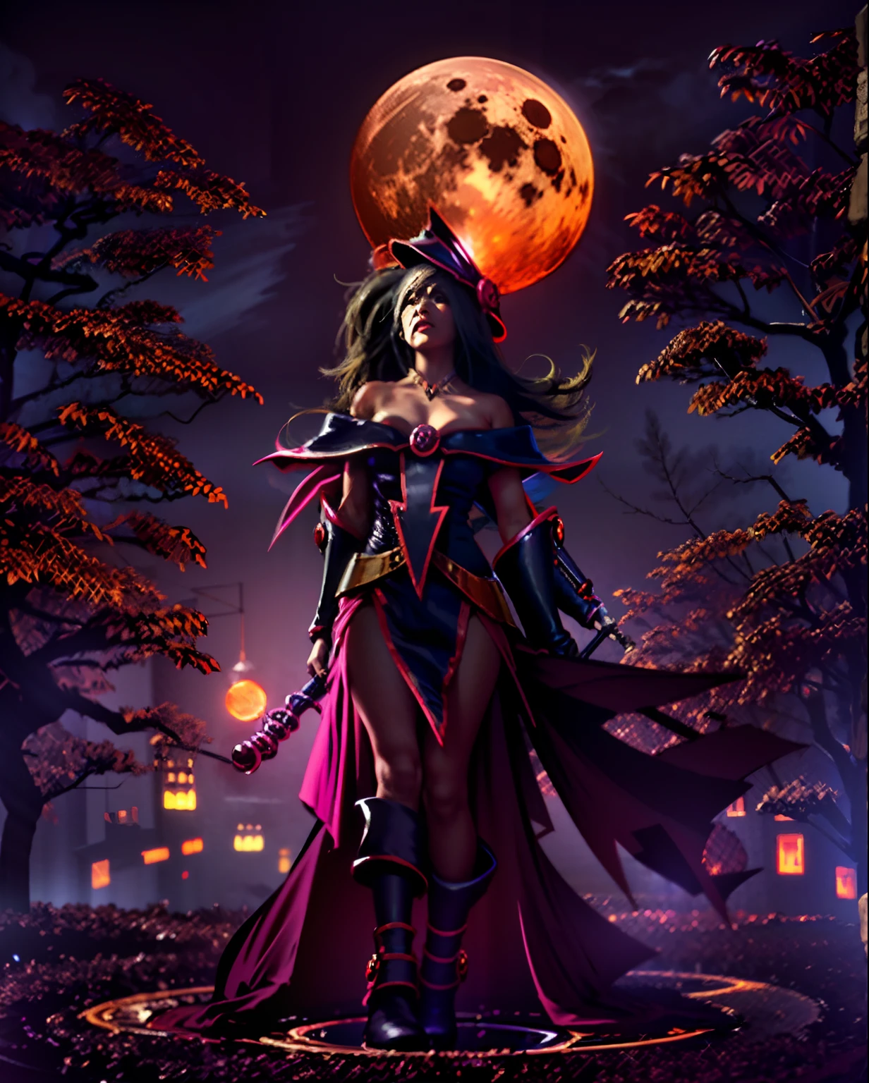 黑暗巫師吉爾斯女巫, 創作一幅令人著迷的數位藝術作品，描繪萬聖節之夜血月迷人光芒下散發著空靈之美的迷人女性.