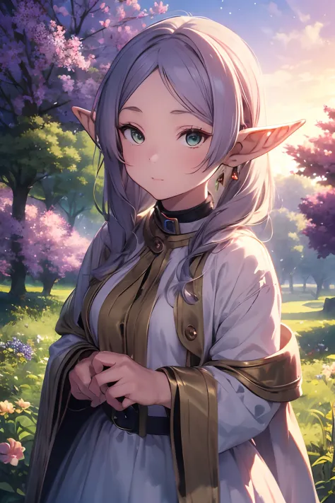 elf girl with cute and enchanting features, long and pointed ears, bright and vivid eyes, soft and delicate skin, rosy cheeks. s...