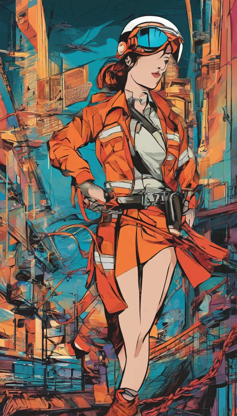 A woman in an orange jacket and goggles stands on a city street - SeaArt AI