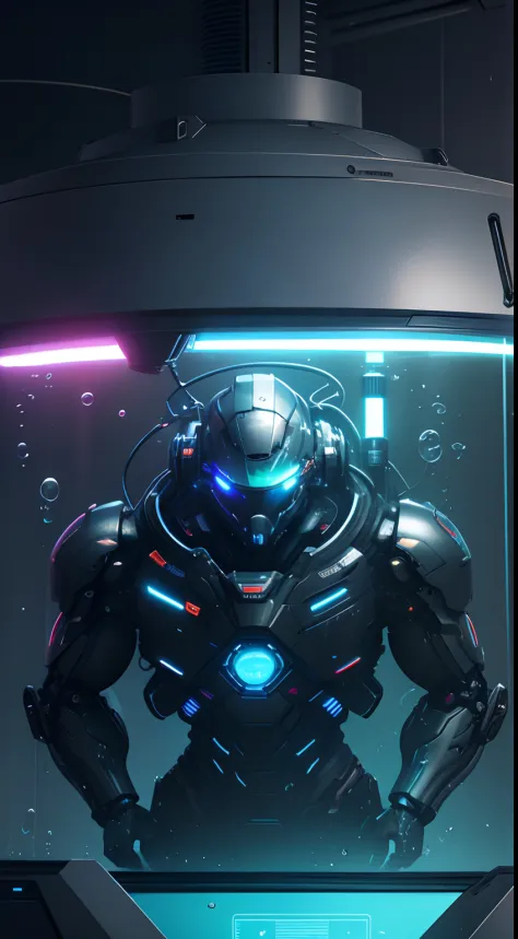 (masterpiece), best quality,( close up on a tank of water) ,[:close up on a  cyborg in a tank, (inside a tank of water:1.3), big cyborg, close up, glass tank, round glass,  robot inside glass, metal, cultivation tank, (underwater:1.3), glowing eyes, metalp...