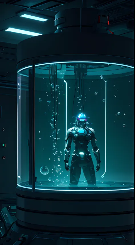 (masterpiece), best quality, close up on a tank of water [:close up on a  cyborg in a tank, (inside a tank of water:1.3)glass tank, round glass,  robot inside glass, metal, cultivation tank, (underwater:1.3), glowing eyes, metalpieces, a men,sad,the cyborg...