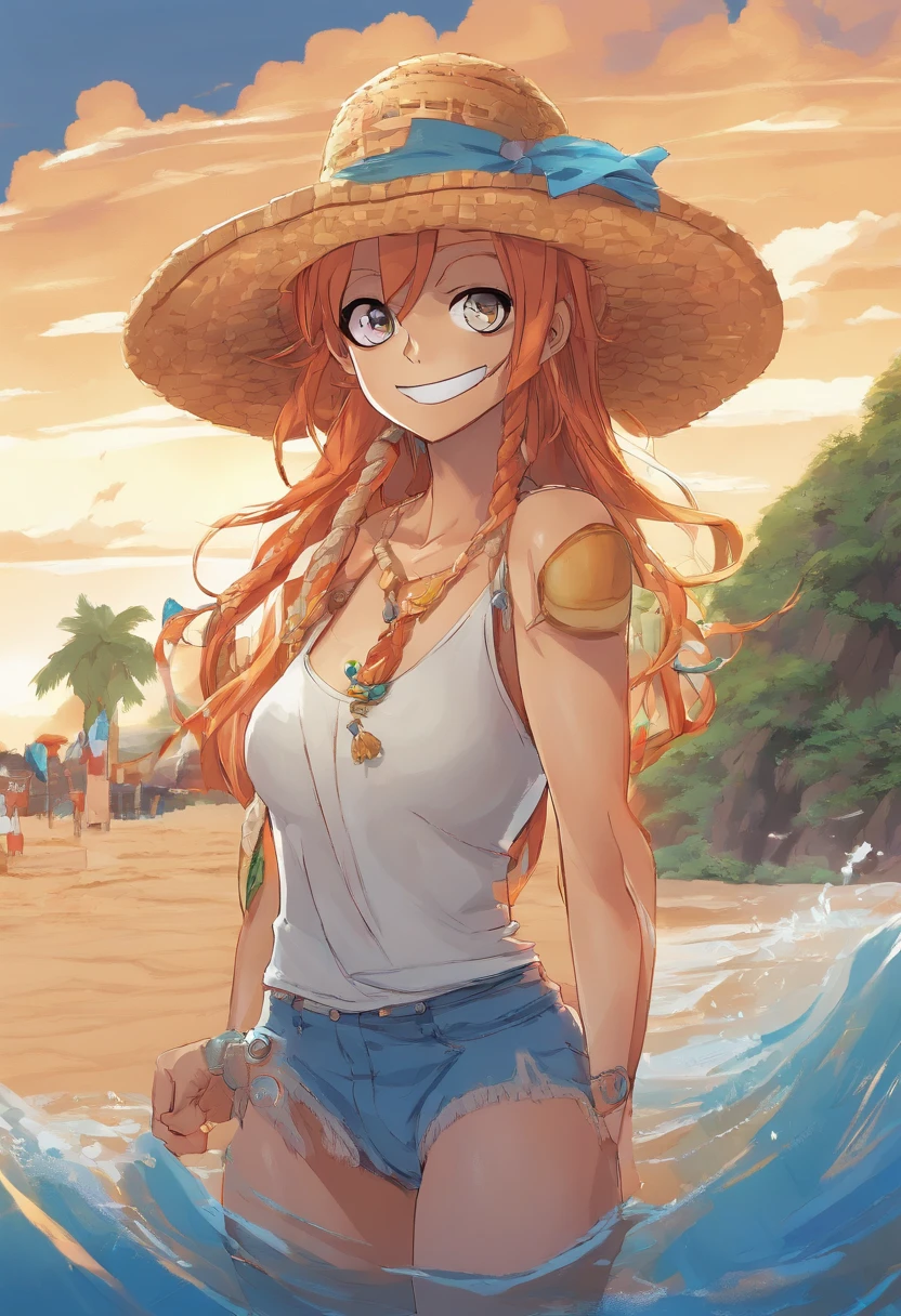 A woman in a straw hat standing on a beach next to the ocean - SeaArt AI