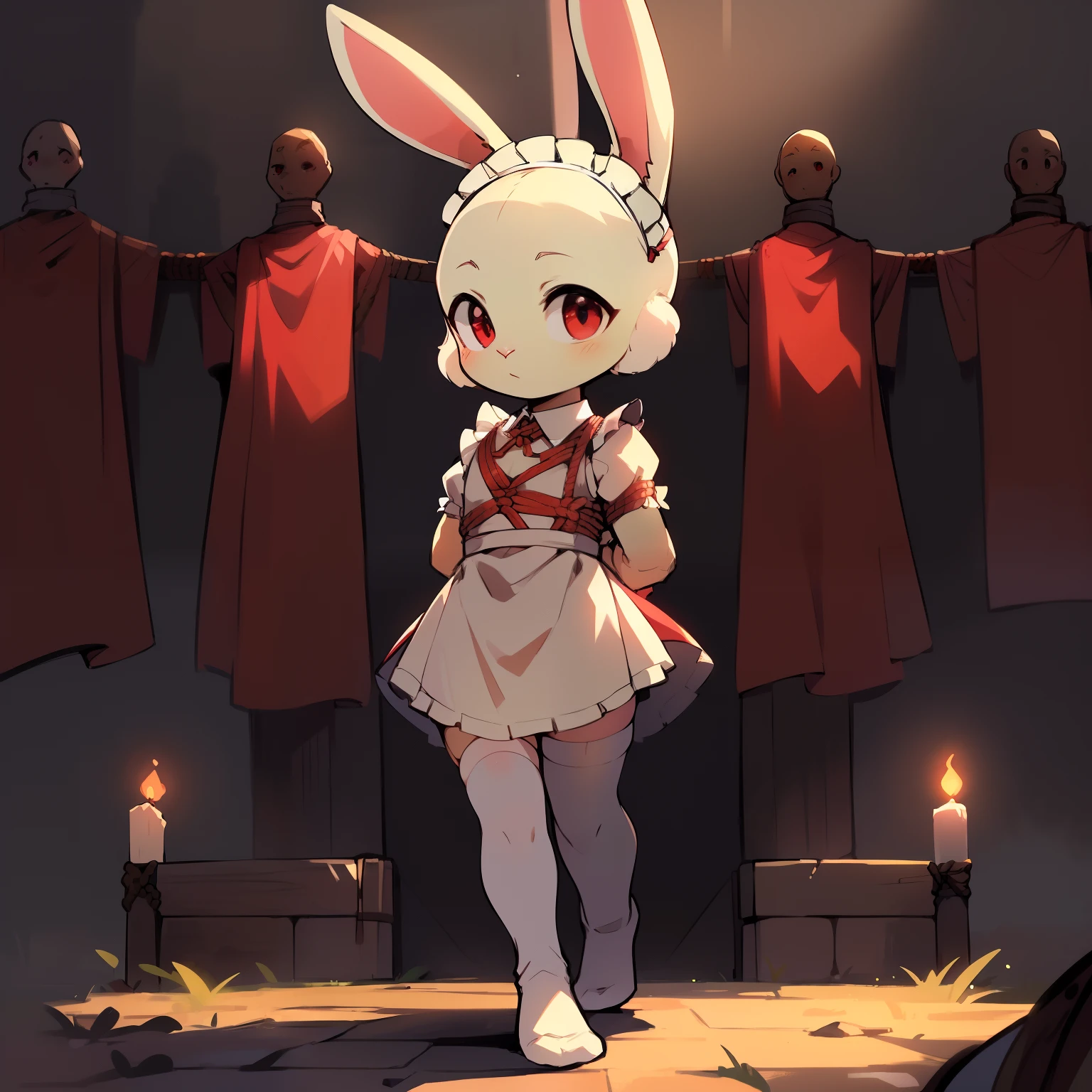 Best quality，Masterpiece，(Cartoony)，solo person，(Maid skirt)，((White_Stockings，White_Knee-length socks，White_Legs))，(Small loli，for 6 years old，Short stature)，((bald-headed，rabbit Facial Features，rabbit Body Features，Pale green body))，((No ears，Rabbit_hor ears))，(Walking forward，Hands behind their backs，Rope binding，Bundled)，red color eyes，bunny tail，Rabbit feet，Medieval execution site background