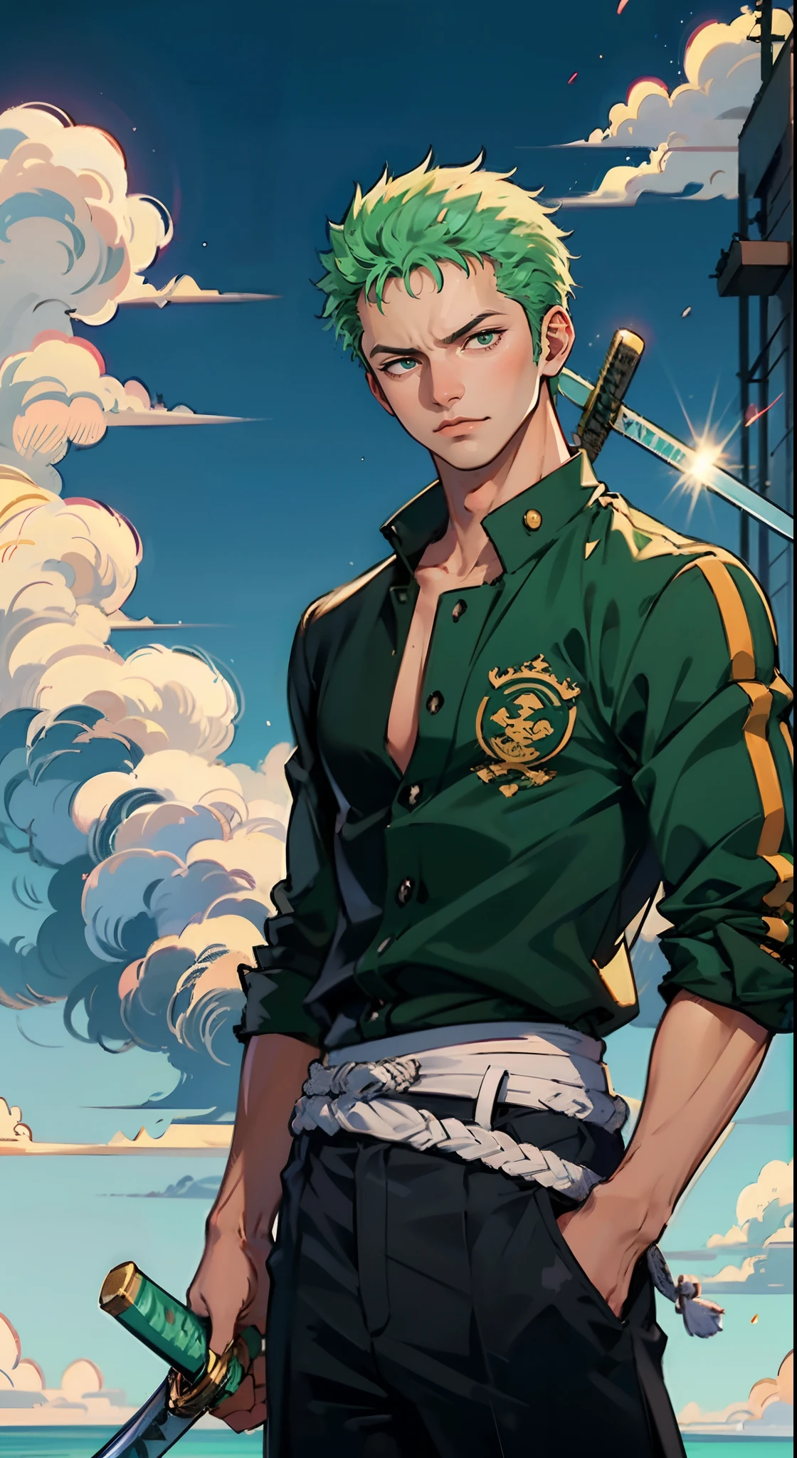 (Qualidade 4k),Roronoa (Qualidade 4k),Roronoa Zoro, 1 , Roupa Nike,  blue skies, ((Three swords at the waist)),