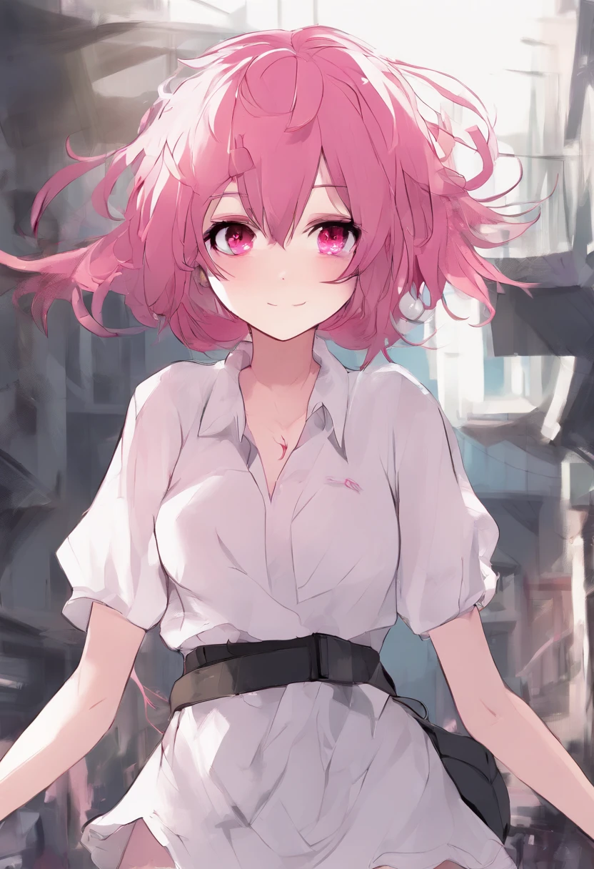 Anime girl smiling, pink hair, messy hair short hair, red eyes, cute face, girlfriend look, white top, black short skirt, sensual pose