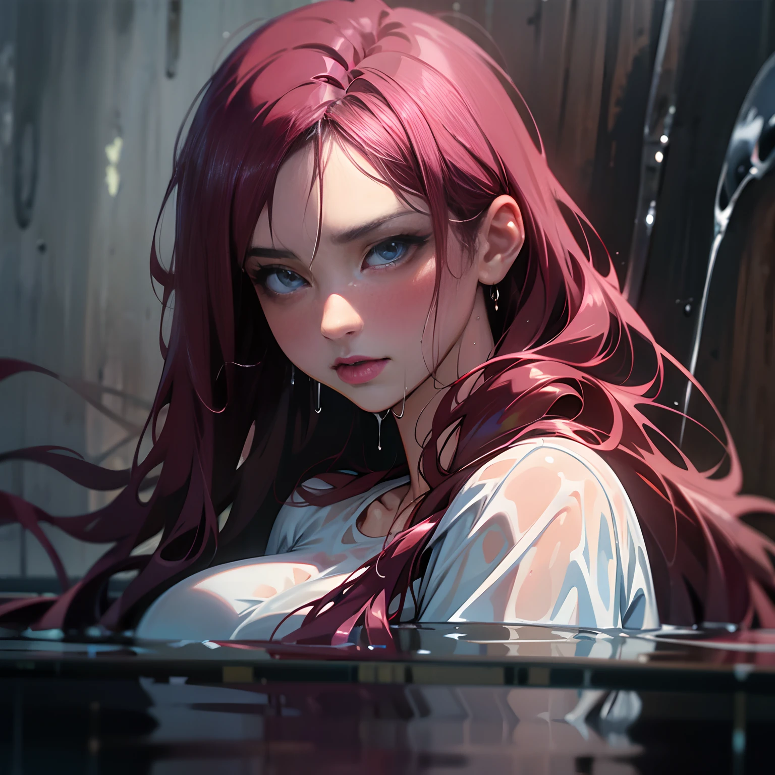 Anime girl with red hair and blue eyes in a pool - SeaArt AI