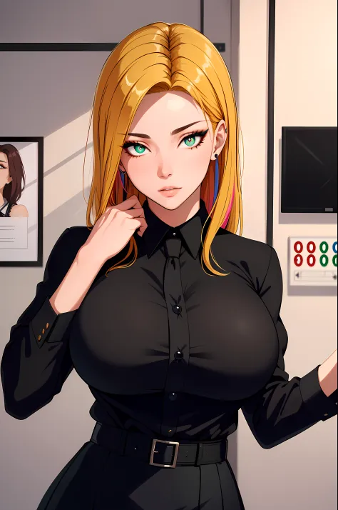 (masterpiece, highres, best quality:1.2), 8K, highly detailed, intricate, colorful, vibrant image, sharp focus, cinematic)  blonde hair, long hair, green eyes, body builder (Wearing black business outfit, black_collared shirt cropped jacket ,tie,necktie,bl...