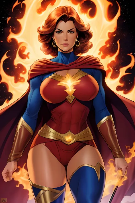 Inspired by John Buscema's line,1mulher de longos cabelos vermelhos jogados ao vento, olhos selvagens, middlebreasts, cintura delgada, Wearing a superheroine uniform with a flame symbol on her chest, Mighty floating in the sky, tranquila, Imposing Heroine,...