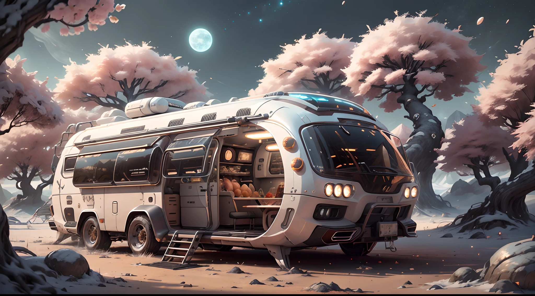 A futuristic luxury(LunarPunkAI:Campervan),Colorful LED lights,Smooth curves,(streamlined line design)。cozily, camping, Reflection,(Surrounded by nature),(Peach blossom tree),(lush landscape)。concept-art, best qualtiy，tmasterpiece，Ultra-high resolution，photograph realistic：1.4， Ultra-detail，