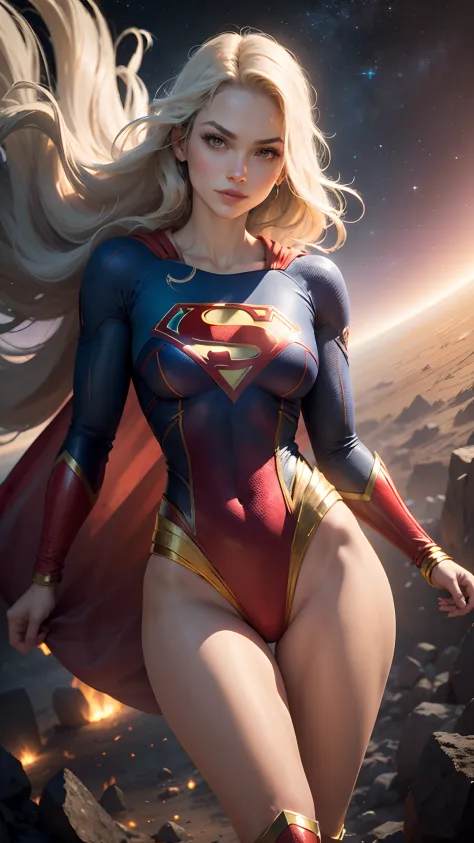 (Supergirl is flying awesomely through outer space), (Cospkay completo superheroina Supergirl da DC Comics), Moonlight, highlights your muscles and scars. The scenery is lush and mysterious, com galaxias ao seu redor. The camera details everything. ((Ela t...