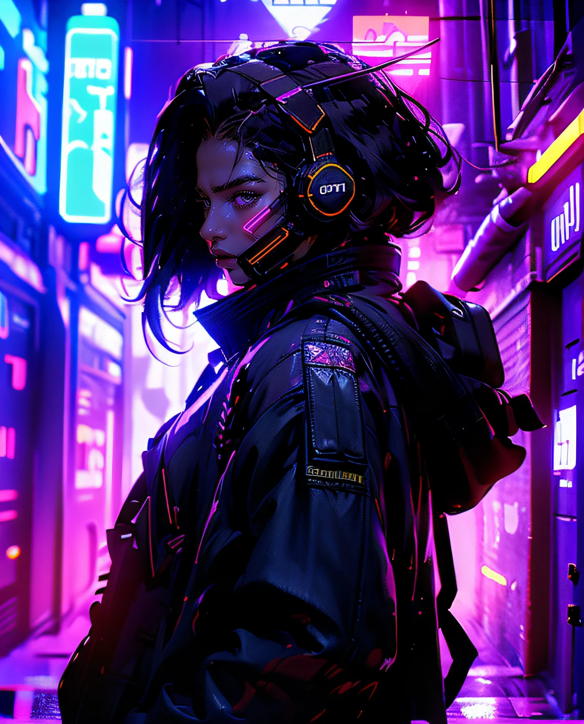 (chef-d&#39;œuvre, tir de tout le corps, complexe raw photography)citoyen cyberpunk en vêtements techniques surdimensionnés, en utilisant un casque noir de style astro daftpunk, détails de la lumière au néon, complexe, Futuriste, acuité, pose aléatoire, ville cyberpunk, néons de rue, photo insta, photo de l&#39;année, rendu d&#39;octane, substance, Maya 3D, cinéma4d, tendance de la station artistique, Tendances de l’art déviant,