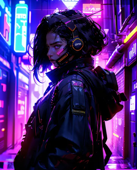 (masterpiece, full-body shot, intrincate raw photography)cyberpunk citizen in oversize techwear, using a black astro daftpunk st...