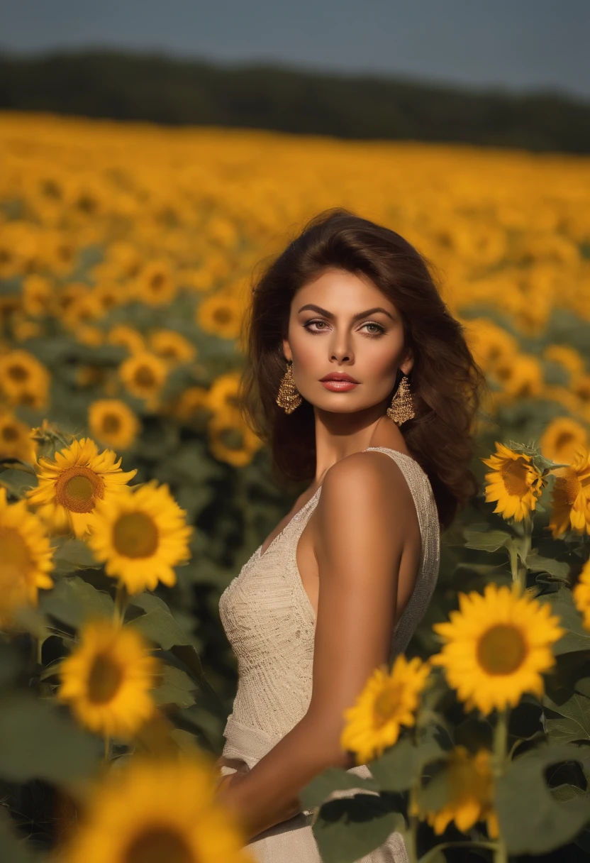 A woman standing in a field of sunflowers with a blue sky in the background  - SeaArt AI