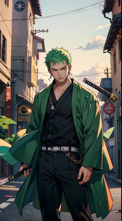 (4k quality),Roronoa Zoro, 1 boy, ruins, mature men, samurai