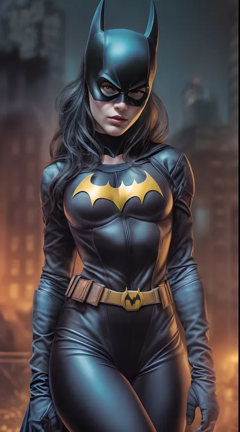 Batgirl DC Comics vestindo um uniforme apertado com uma capa preta em um beco escuro e sinistro sob uma luz de rua fraca, (Sensu...