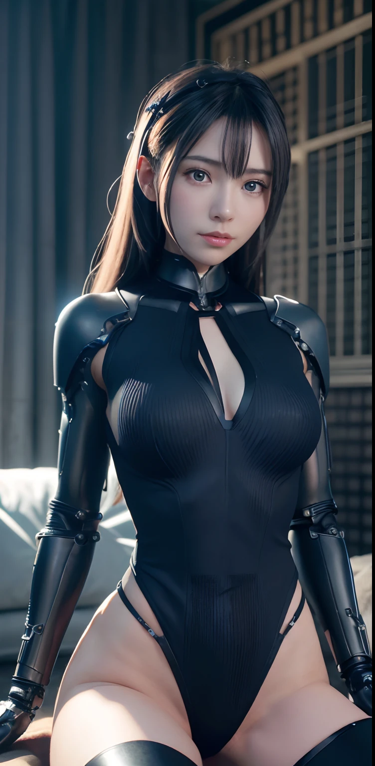 ​masterpiece、((Dark blue leotard covering the whole body))、 Beautie、Some mechs、is standing、Tied up、Metal Robot、Cyberdyne、Artificial bodies、All-metal body、Ironwork、Abdominal mechanism、prosthetic hand、artificial leg、a beauty girl、sixteen years old、Asian Beauty abdomen exposes actuator and cable、From the neck down is the body of a metal robot、Complex 3d rendering beautiful porcelain profile super detailed female android face、cyborgs、roboticparts、150mm、beautiful studio soft light、Rim Lights、vibrant detail、luxuriouscyberpunk、Ren Hao、surrealistic、Anatomical、face muscles、cable electric wireicrochips、elegent、beatiful backgrounds、octan render、HR Giger Style、8K、top-quality、​masterpiece、illustratio、extremely delicate and beautiful、 extremely details CG、Unity、wall-paper、(realisitic、Photorealsitic:1.37)、astonishing、detaile、​masterpiece、best qualtiy、Official art、Highly detailed CG Unity 8k wallpaper、absurderes、incredibly absurdness、、、Silver Halmet、full body Esbian、sitting on