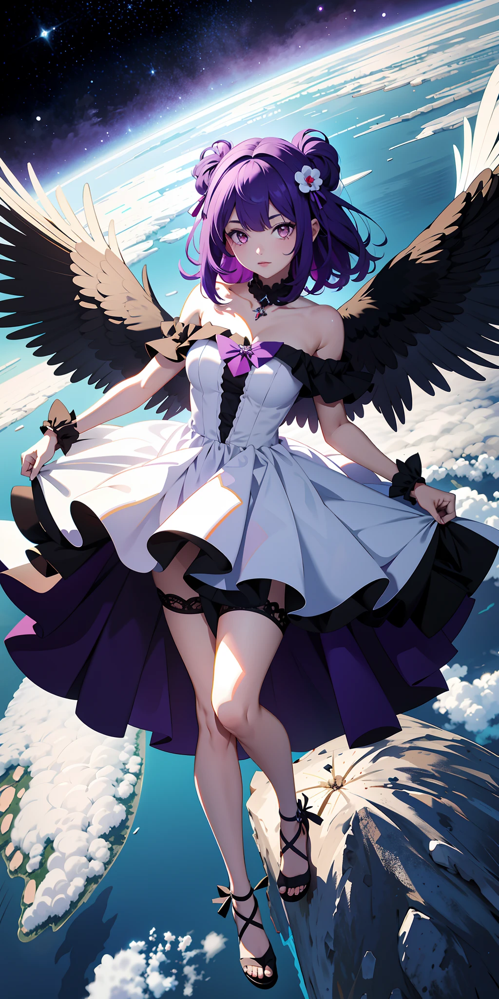 absurd res, high res, (masterpiece:1.4), ultra-detailed, 1girl, tokime, from above, space, floating, full body, stockings, purple eyes, purple hair, dress, bare shoulders, white dress