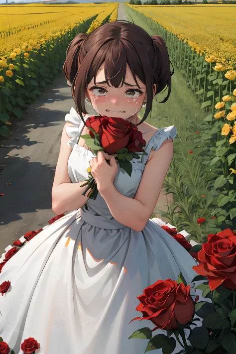 a girl desperately crying on a field of yellow and red roses