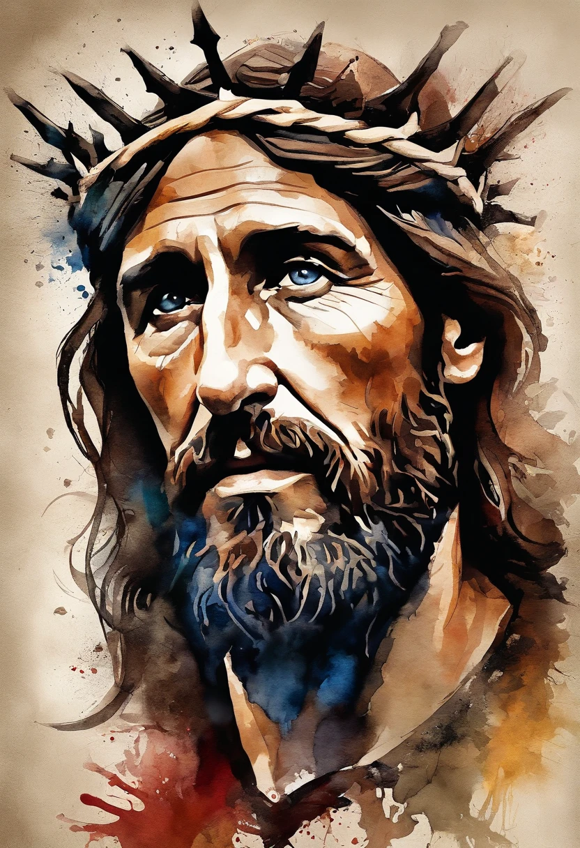 (melhor qualidade,alta resolução,ultra-detalhado),(Realistic,fotorrealista:1.37),(artistas conceituais, Retratos),(Pincelada ousada e expressiva),homem,Jesus Cristo,sorrindo,crown of thorns on the head,cores vibrantes,Elementos surreais