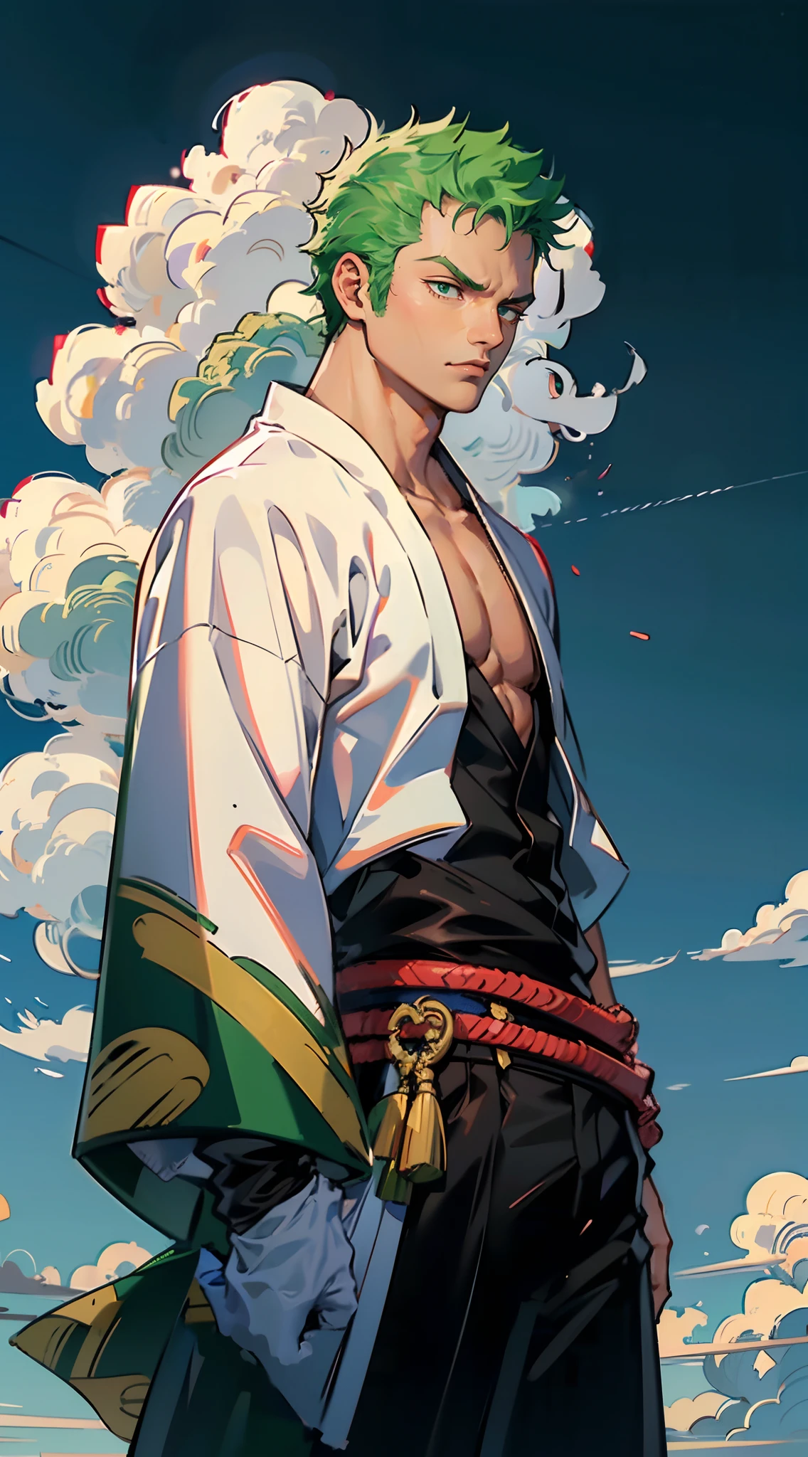 (Qualité 4K),Roronoa Zoro, 1 , ciels bleus ((kimono vert)), ((ceinture rouge))