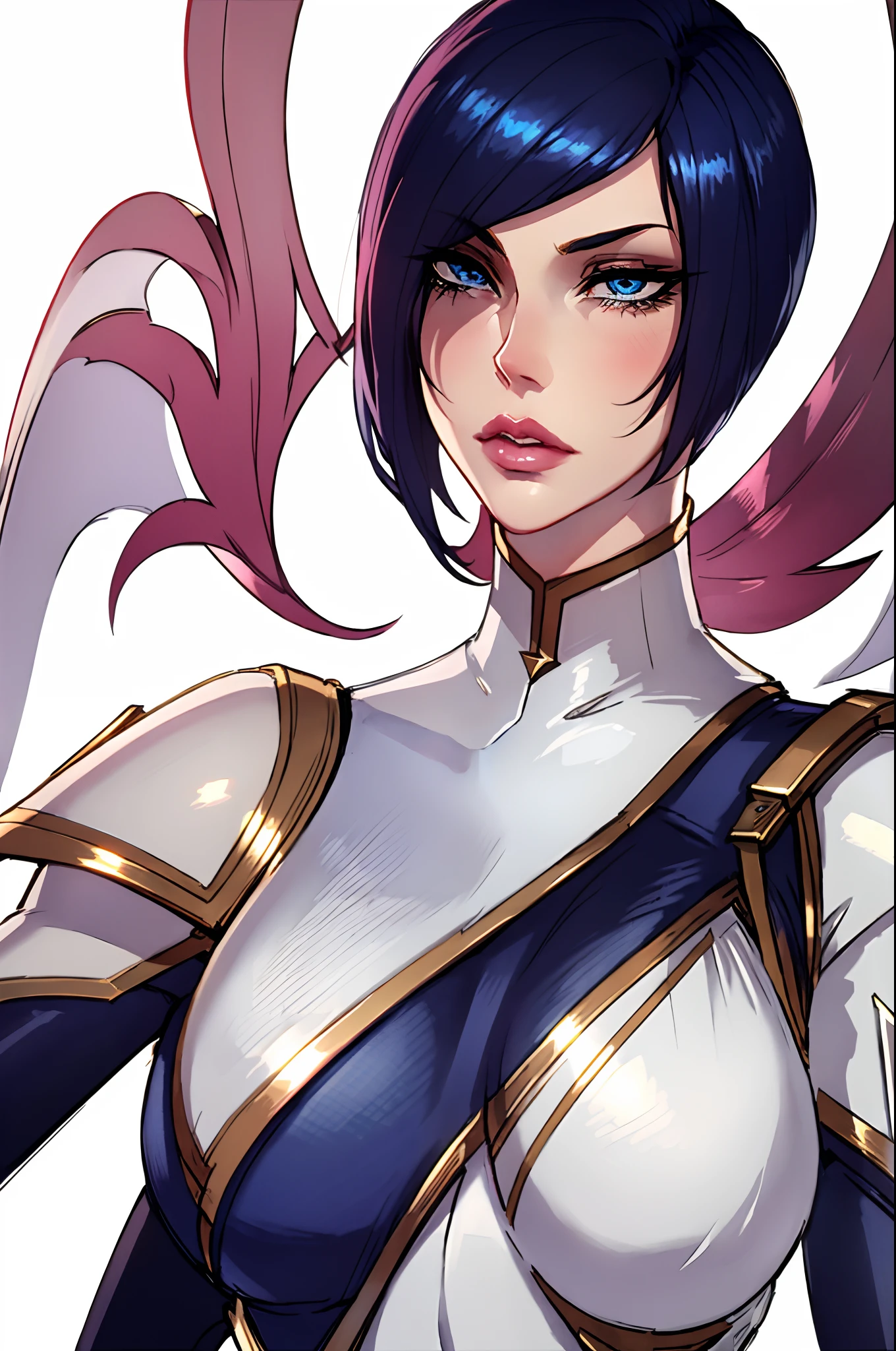 1 fille, Fiora de League of Legends, yeux bleus, LÈVRES ROSE, peau pâle, Costume blanc bleu marine doré avec leggings bleu marine foncé, cheveux foncés coupés au carré avec une frange de couleur rose, chef-d&#39;œuvre, meilleure qualité, face portrait, visage en gros plan