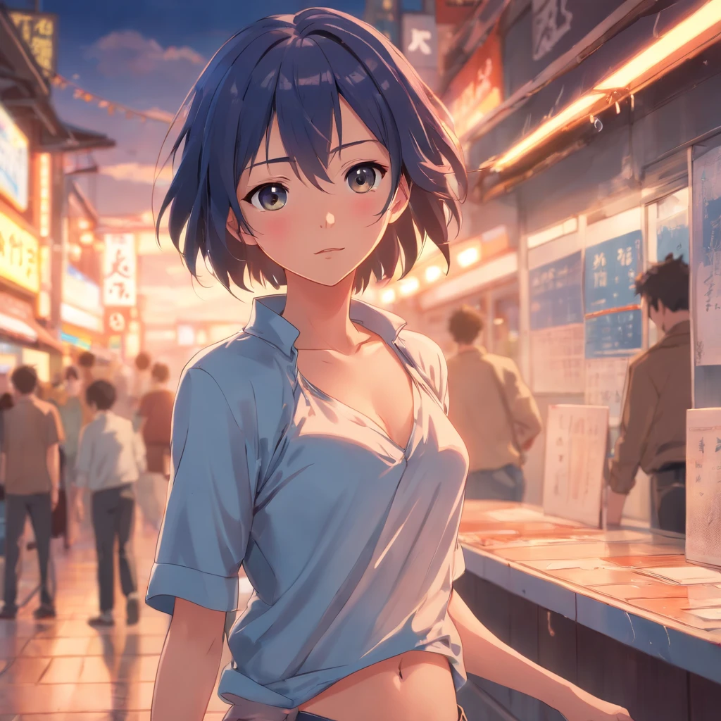 Anime girl in a blue shirt standing in a crowded street - SeaArt AI