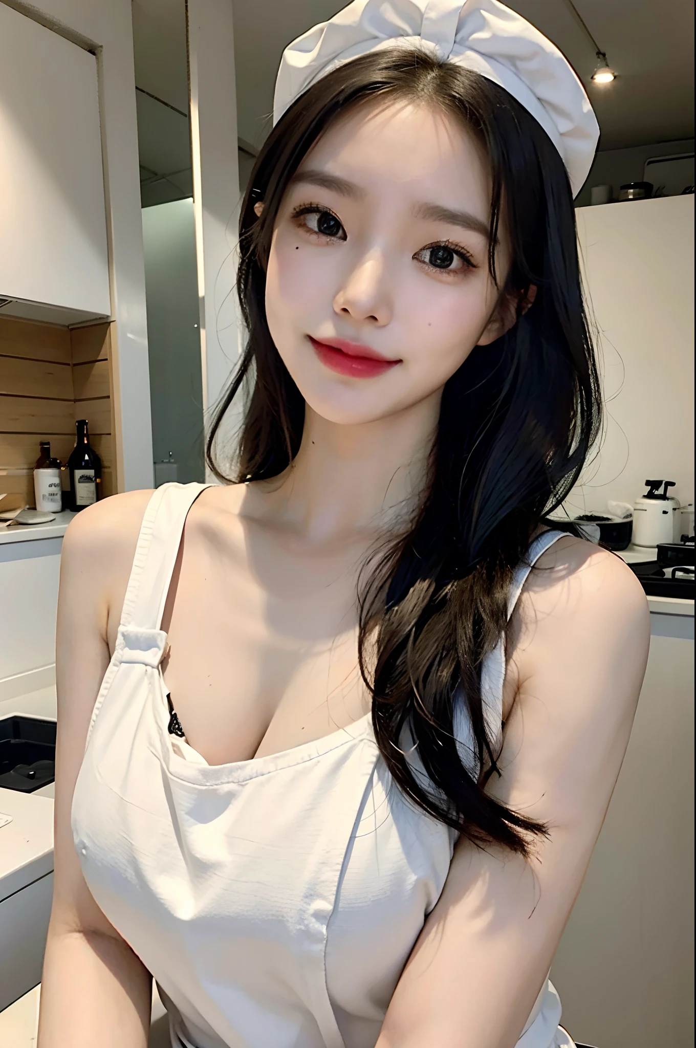 Woman who cooks、(kitchin_aprons:1.Wear 3)、pretty hand、4K、A high resolution、tmasterpiece、People of the highest quality、wear cap:1.3、((Hasselblad photograp))、Thin skin、foco nítido、(lighting like a movie)、Soft lighting、Ungle dinámico、[:(Detal Face:1.2):0.2]、Bigchest、A lot of moisture spills from the skin:1.2、(((In a kitchen))) adorable smile　Viewer's POV　Colossal tits　tying  hair　Sleeveless　Stretch your upper arms　Shoulder extension　Cleaning　big kitchen　Beautiful kitchen　wineglass　posterior view　Behind　lomo　Lift and tie your hair, confront ,  Her face,  on your face