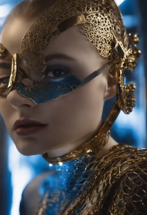 "Create a visual representation of a cybernetic female figure. Half of your face should be adorned with a gold metallic mask or implant, Richly detailed with intricate patterns, engrenagens e elementos que lembram circuitos. The other half of the face shou...