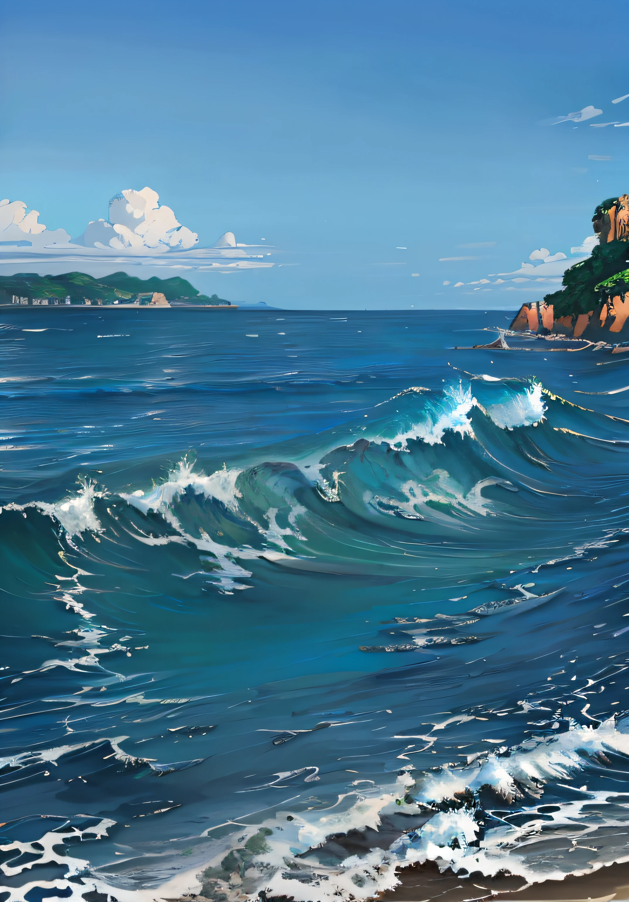 painting of a wave breaking on a beach with a small island in the background, realistic ocean, highly detailed digital painting, very detailed digital painting, digital painting highly detailed, an oil painting. wave, azure waves of water, high detail digital painting, realistic water, gorgeous digital painting, high quality digital painting, detailed digital painting, beautiful digital painting, stunning digital painting