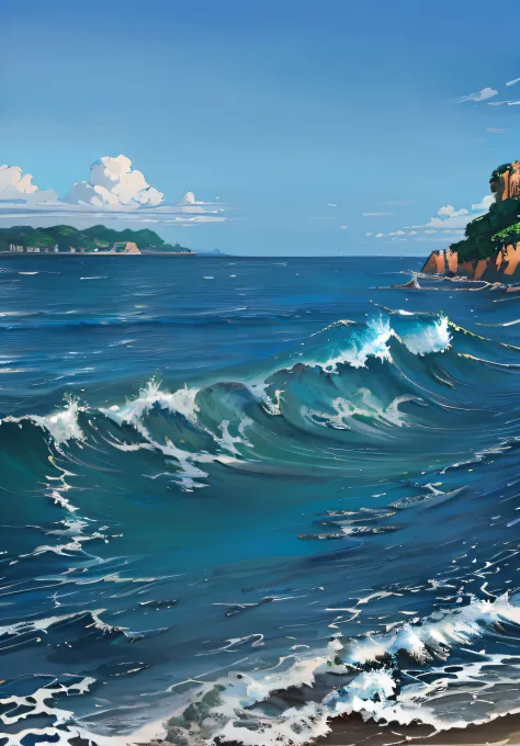 painting of a wave breaking on a beach with a small island in the background, realistic ocean, highly detailed digital painting,...