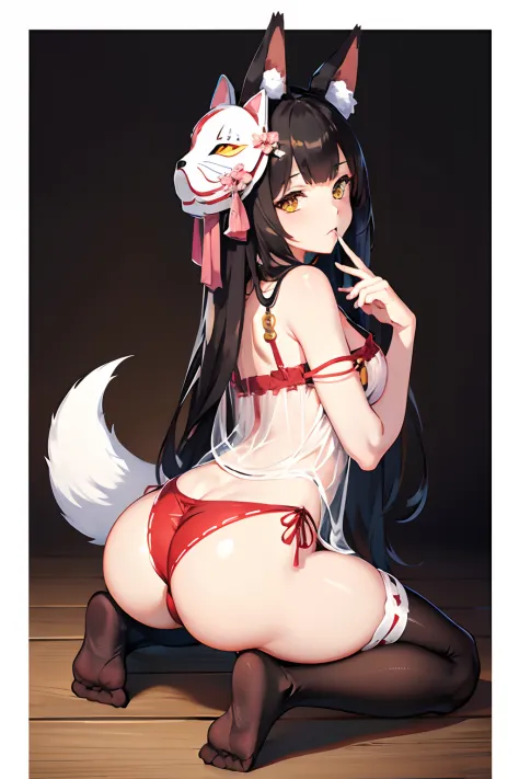 8k, highres, ultra detailed, (masterpiece:1.4),, 1girl , all fours , ass , camisole , feet , fox ears , fox girl , fox mask on head, from behind , hand to own mouth , long hair , looking at viewer , looking back , monochrome , no shoes , panties , see-thro...