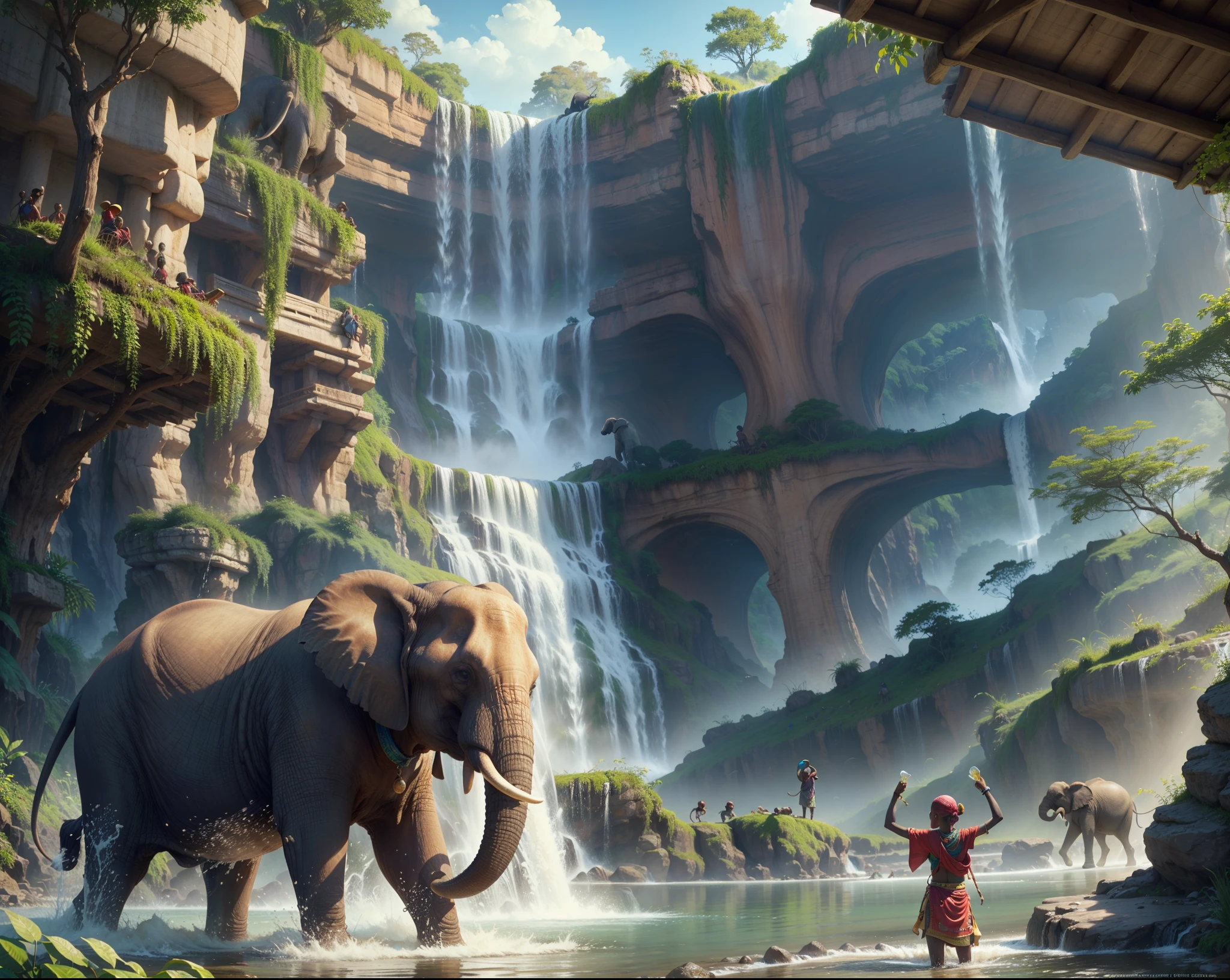 Elefante en un lago vertiendo agua usando su trompa sobre felices niños masai africanos, cascada y hermosa vegetación al fondo, iluminación cinematográfica, arte estilo alemán, colores brillantes y vibrantes, ultra alta definición, motor irreal renderizado, --auto --s2