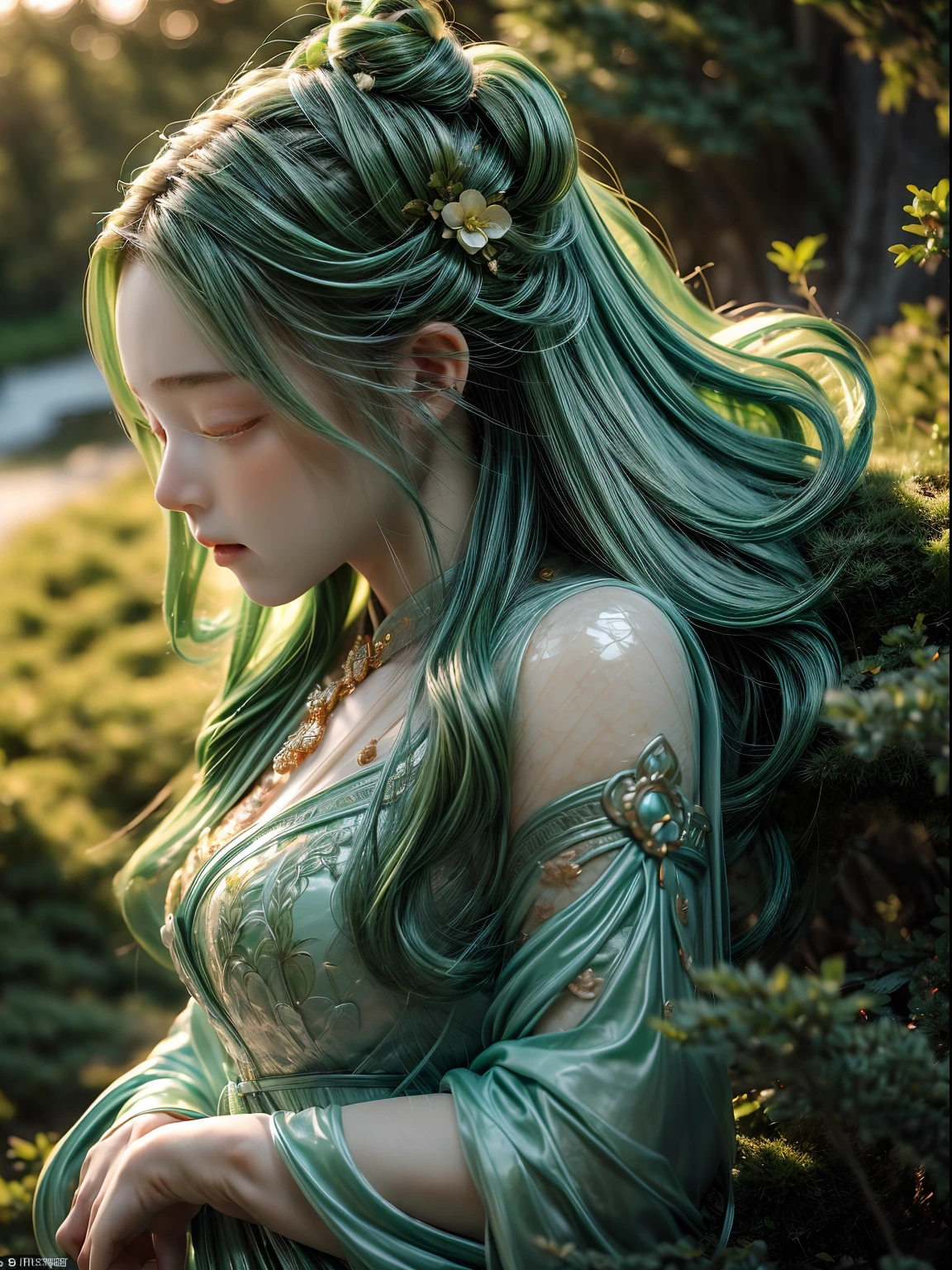 ((tmasterpiece:1.4, best qualtiy, Faraway view:1.4)), (ultra - detailed)+, (watercolor paiting:1.2), ((Cute 1girl, blossoms, Light cyan hair, long whitr hair, Aqua blue eyes, Large breasts, Nu mouth, scowling, anatomy correct, (grass green, China Goddess Fashion:1.3), Shoulders exposed, Side angle)), Autumn landscape, The leaves are yellow, maple trees, eventide, riverbank, lake reflection, The sky is full of color, Orange-red sunset, The afterglow diverges, Far Mountain, contours, Scenic beauty, (Warm light source:1.2), （Very detailed CG unification, 8k）, （The best picture quality）, (illustratio：1.0）、intricately details, Epic composition、Realistic lighting、high definition detail、(Beautiful wildlife and natural wonders, With glowing lights), satellite image, Ultra-Wide Angle, Textured skin