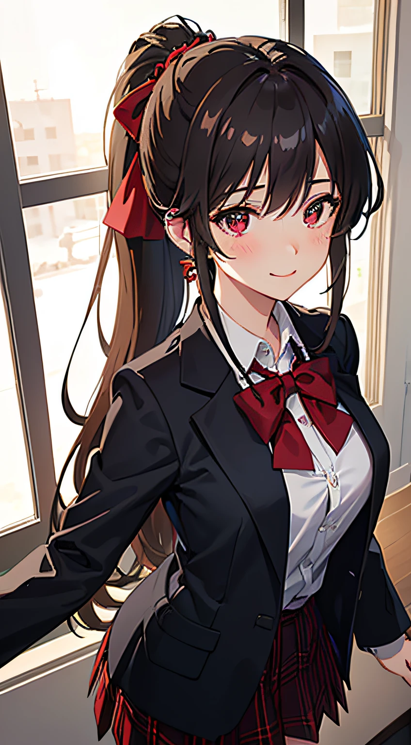 ((masterpiece, best quality, highres, UHD, perfect pixel, depth of field, 4k, RTX, HDR))), 1girl, single, solo, beautiful anime girl, beautiful artstyle, anime character, ((long hair, ponytail, hair tied with a rope with red accessories)), ((red eyes:1.4, rounded eyes, beautiful eyelashes, realistic eyes)), ((detailed face, blushing:1.2)), ((smooth texture:0.75, realistic texture:0.65, photorealistic:1.1, anime CG style)), big breasts, dynamic angle, perfect body, ((POV, close up, cowboy shot)), ((red bowtie, , black jacket, open jacket, red cardigan, white shirt, black skirt, plaid skirt)), smile, classroom
