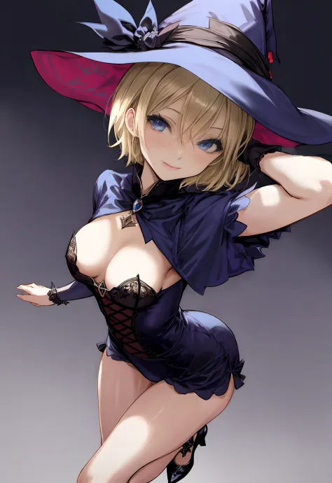 dynamic view, dynamic pose, Short girl, short blond hair, gothic witch cosplay, beautiful detailed blue eyes, skinny, low smile, little witch hat, cleavage, medium sized breasts, no nsfw, skinny body, small girl, legs, small body