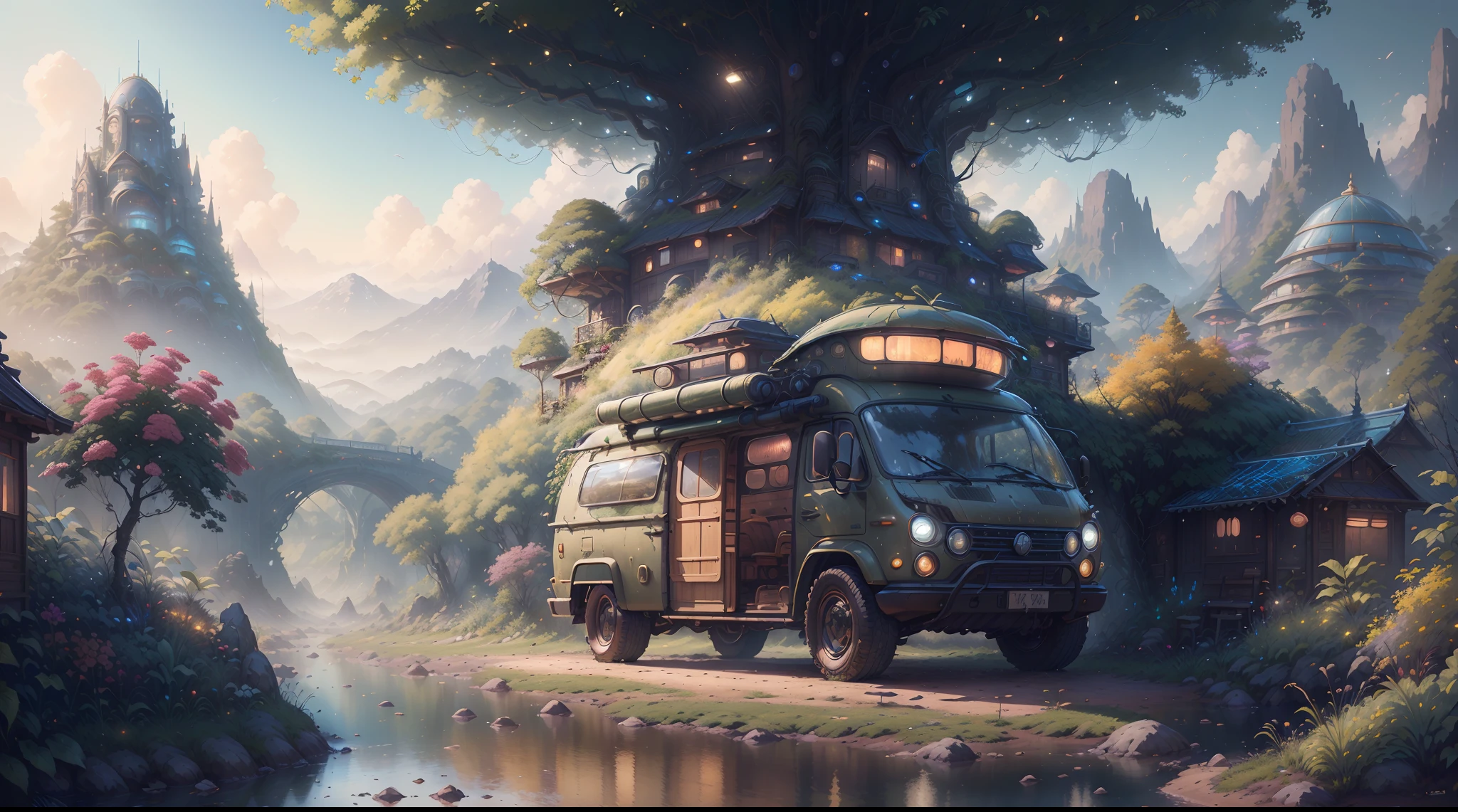 Masterpiece, concept-art, Fantasy theme,best qualtiy，tmasterpiece，Ultra-high resolution,photograph realistic：1.4， A detailed，(SolarpunkAI:Campervan)。cozily, camping, vivd colour, Reflection, k hd,Surrounded by nature,lush landscape。