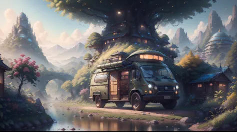 Masterpiece, concept-art, Fantasy theme,best qualtiy，tmasterpiece，超高分辨率,photograph realistic：1.4， A detailed，(SolarpunkAI:Camper...