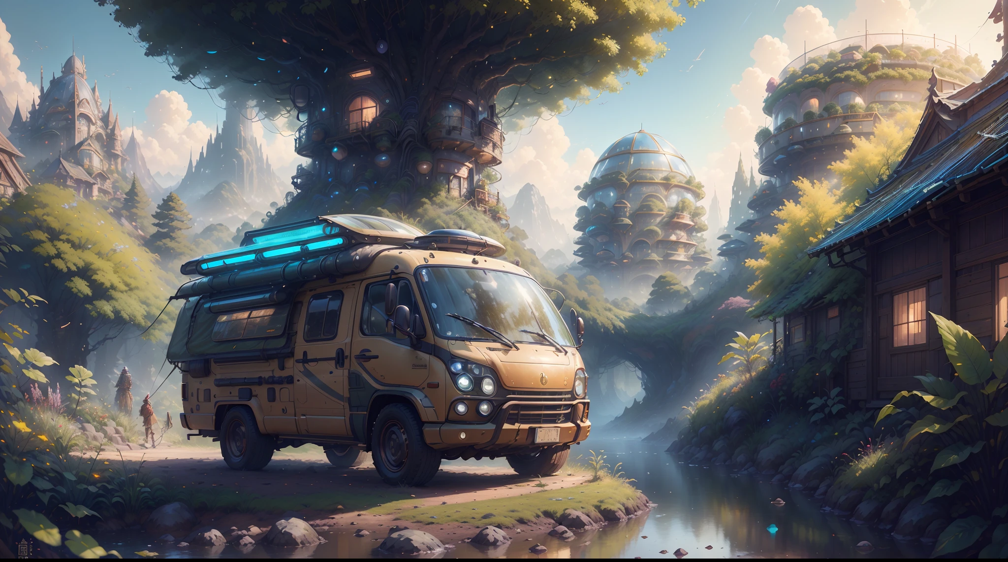 Masterpiece, concept-art, Fantasy theme,best qualtiy，tmasterpiece，Ultra-high resolution,photograph realistic：1.4， A detailed，(SolarpunkAI:Campervan)。cozily, camping, vivd colour, Reflection, k hd,Surrounded by nature,lush landscape。