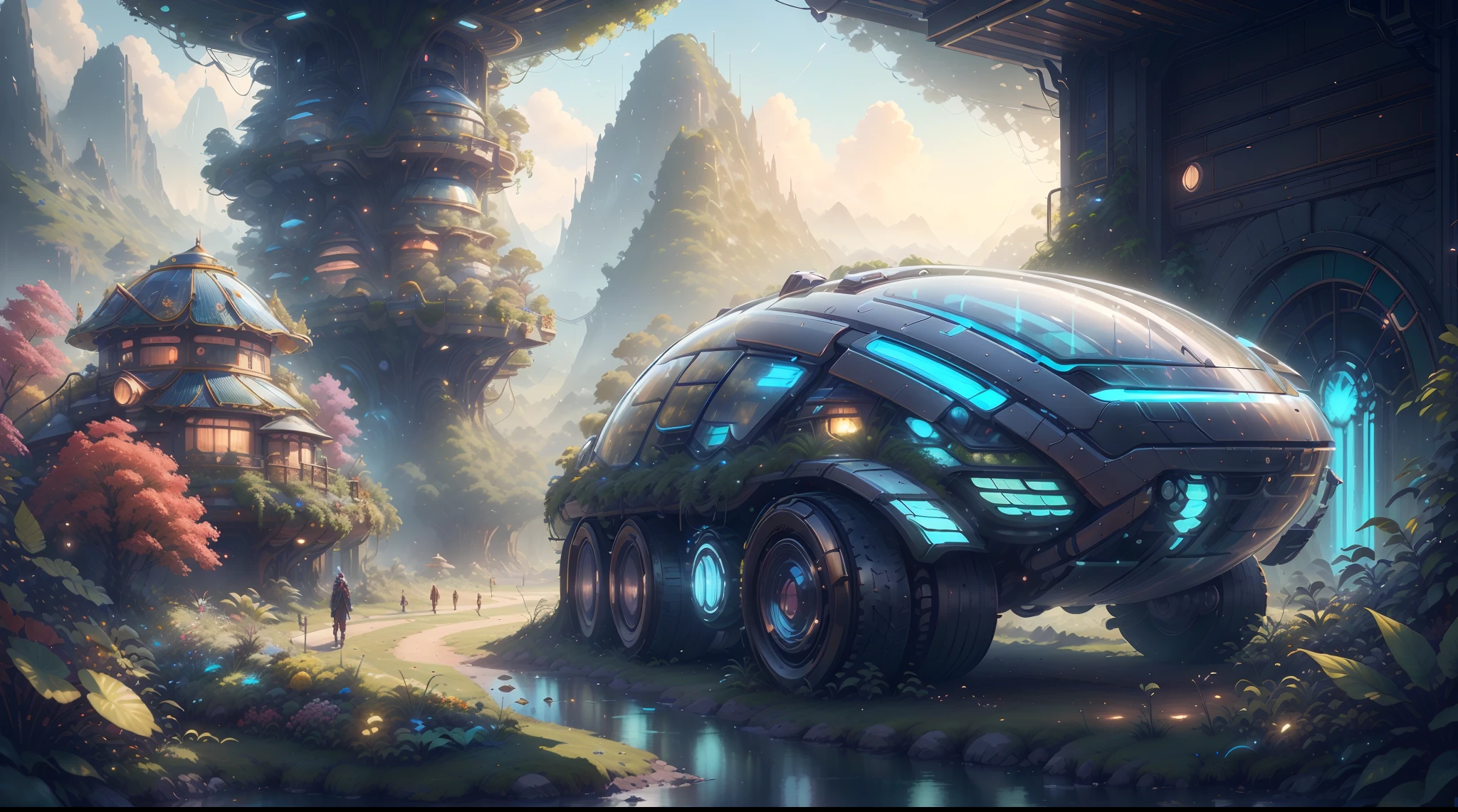 concept-art, best qualtiy，tmasterpiece，超高分辨率，photograph realistic：1.4， ultra-detailliert，[A futuristic(SolarpunkAI:RV),Colorful LED lights,Smooth curves,(streamlined line design)]。cozily, camping, Reflection,Surrounded by nature,lush landscape。