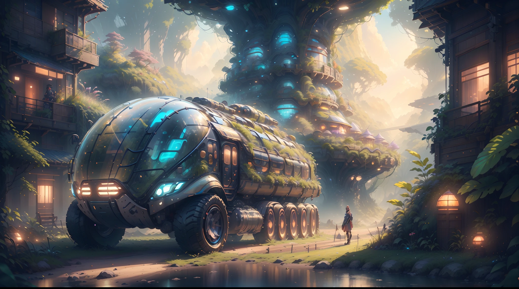 concept-art, best qualtiy，tmasterpiece，Ultra-high resolution，photograph realistic：1.4， Ultra-detail，[A futuristic(SolarpunkAI:RV),Colorful LED lights,Smooth curves,(streamlined line design)]。cozily, camping, Reflection,Surrounded by nature,lush landscape。