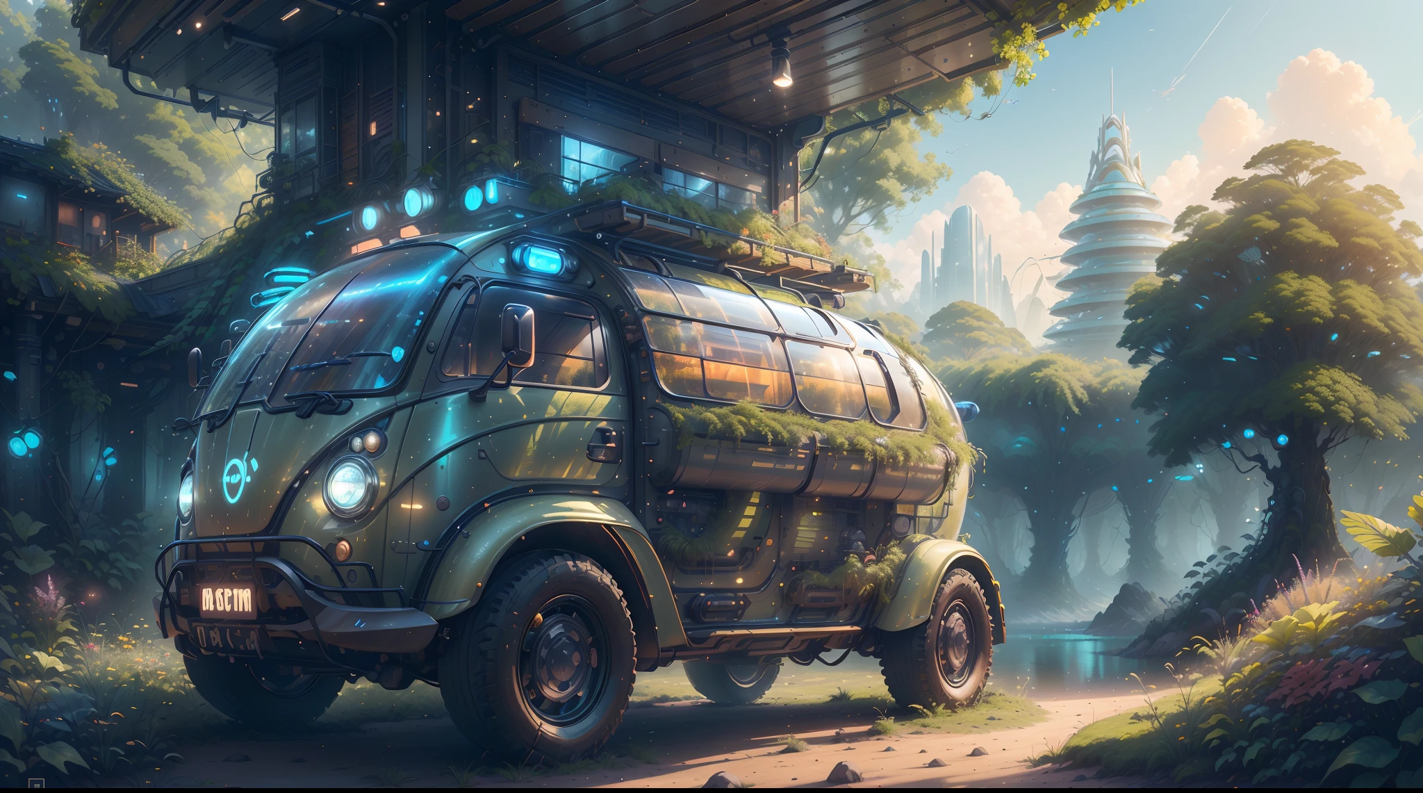 concept-art, best qualtiy，tmasterpiece，Ultra-high resolution，photograph realistic：1.4， Ultra-detail，A futuristic(SolarpunkAI:Campervan),Colorful LED lights,Smooth curves,(streamlined line design)。cozily, camping, Reflection,Surrounded by nature,lush landscape。