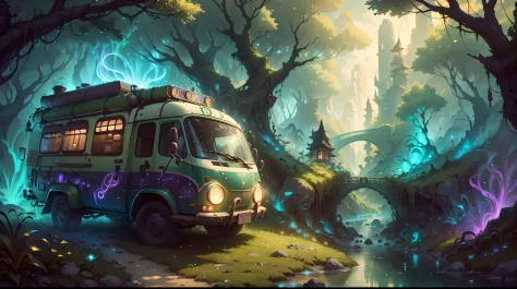 concept-art, best qualtiy，tmasterpiece，超高分辨率，photograph realistic：1.4， ultra-detailliert，A futuristic(DruidMagicAI:Campervan),Colorful LED lights,Smooth curves,(streamlined line design)。cozily, camping, Reflection,Surrounded by nature,lush landscape。
